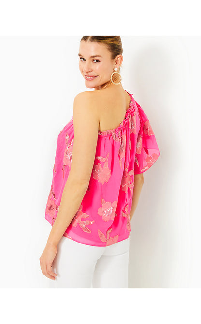 SARAHLEIGH ONE SHOULDER SILK TOP, ROXIE PINK ANNIVERSARY SILK CLIP