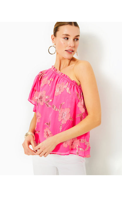 SARAHLEIGH ONE SHOULDER SILK TOP, ROXIE PINK ANNIVERSARY SILK CLIP