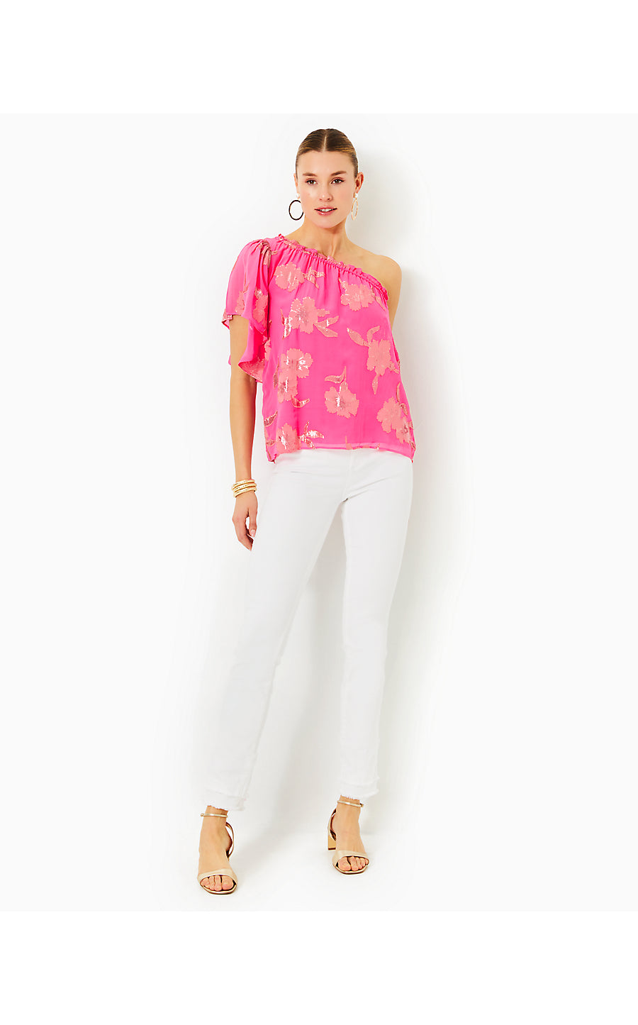 SARAHLEIGH ONE SHOULDER SILK TOP, ROXIE PINK ANNIVERSARY SILK CLIP