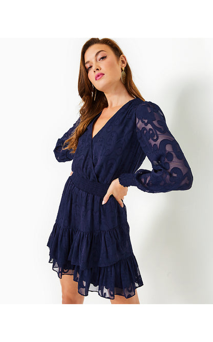 CRISTIANA LONG SLEEVE DRESS, TRUE NAVY POLY CREPE SWIRL CLIP