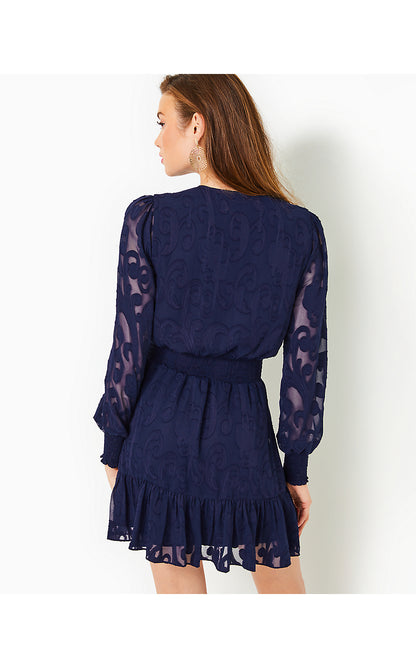 CRISTIANA LONG SLEEVE DRESS, TRUE NAVY POLY CREPE SWIRL CLIP