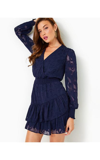 CRISTIANA LONG SLEEVE DRESS, TRUE NAVY POLY CREPE SWIRL CLIP