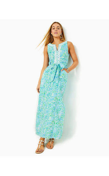 GULIANNA STRETCH COTTON MAXI SHIFT DRESS, HYDRA BLUE DANDY LIONS