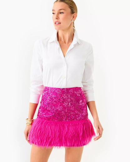 CHARMAIN MINI SKIRT, PASSION FRUIT PINK PETAL PARTY METALLIC BROCADE