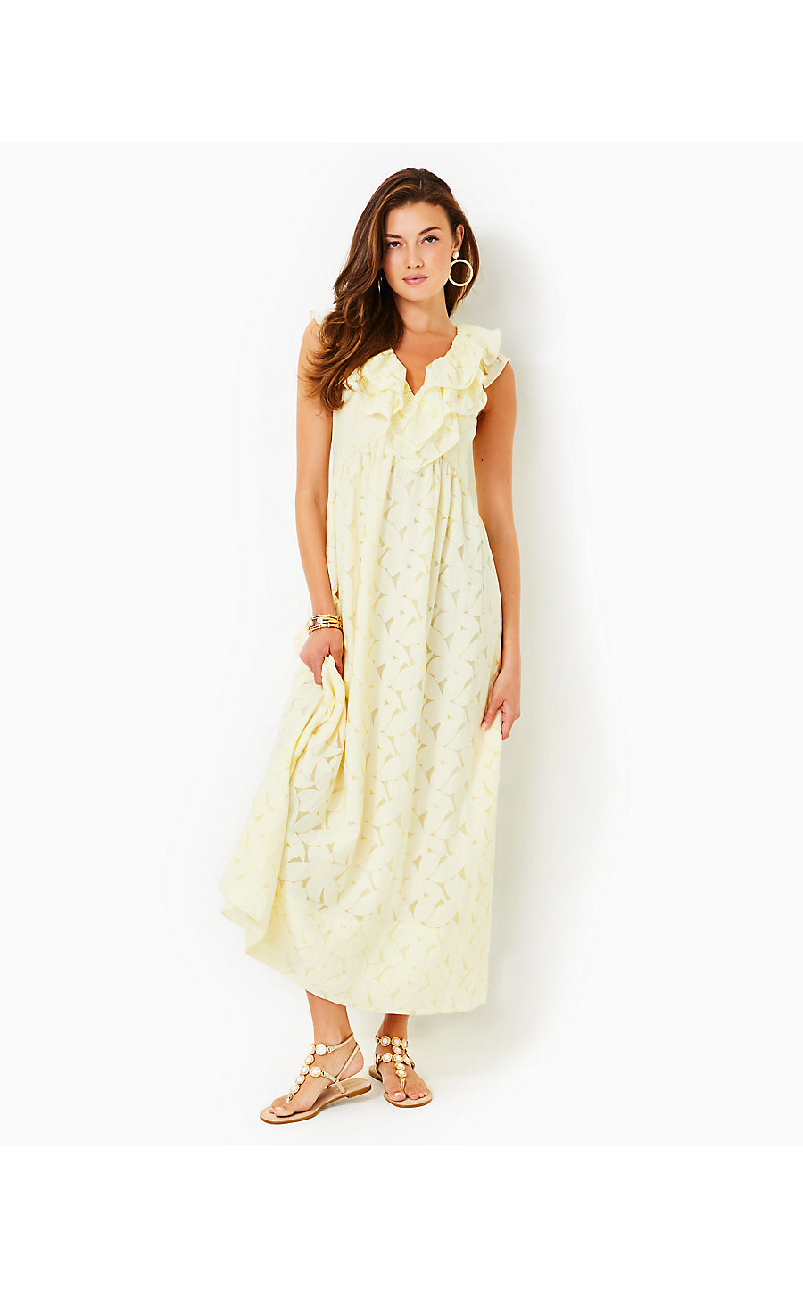 RITAMARIE V-NECK RUFFLE MIDI DRESS, PASTEL FINCH YELLOW FLORA FAILLE Palm Place RITAMARIE V-NECK RUFFLE MIDI DRESS, PASTEL FINCH YELLOW FLORA FAILLE Palm Place