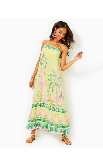 JESSLYN SILK MAXI SLIP DRESS, FINCH YELLOW TROPICAL OASIS ENGINEERED WOVEN MAXI DRESS