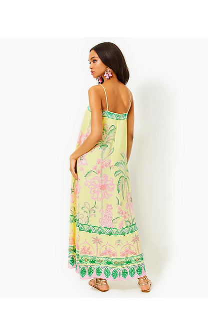 JESSLYN SILK MAXI SLIP DRESS, FINCH YELLOW TROPICAL OASIS ENGINEERED WOVEN MAXI DRESS