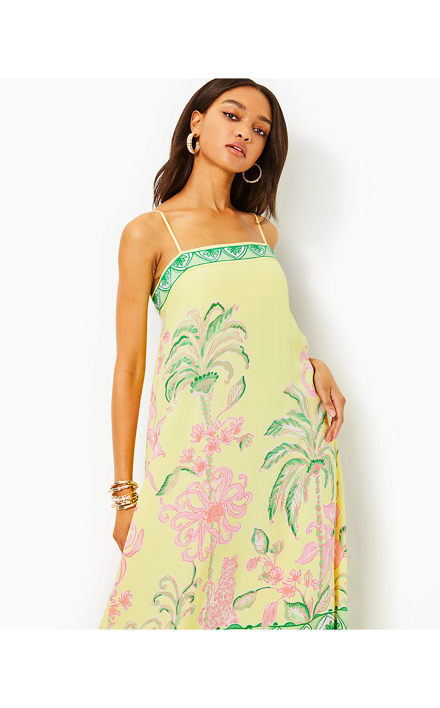 JESSLYN SILK MAXI SLIP DRESS, FINCH YELLOW TROPICAL OASIS ENGINEERED WOVEN MAXI DRESS