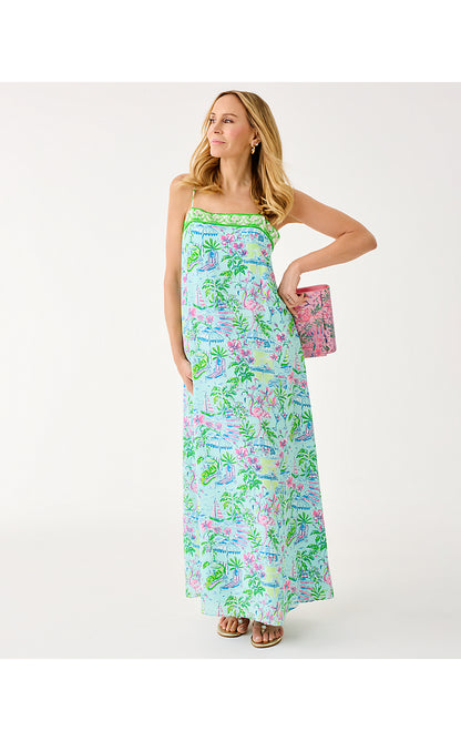 AMALFI SILK MAXI DRESS, SALT POND BLUE SUNNY DEE ENGINEERED WOVEN MAXI
