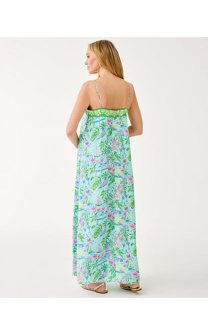 AMALFI SILK MAXI DRESS, SALT POND BLUE SUNNY DEE ENGINEERED WOVEN MAXI