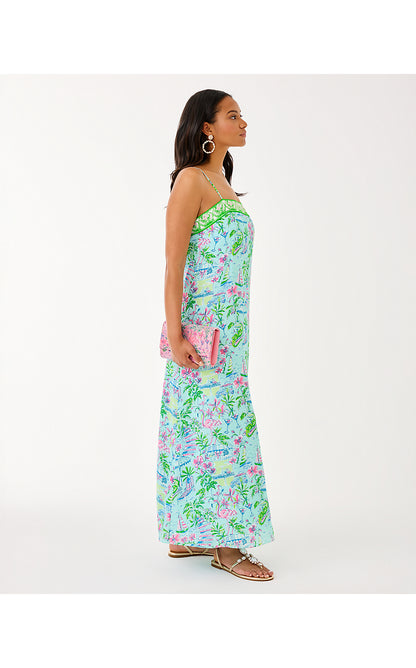 AMALFI SILK MAXI DRESS, SALT POND BLUE SUNNY DEE ENGINEERED WOVEN MAXI