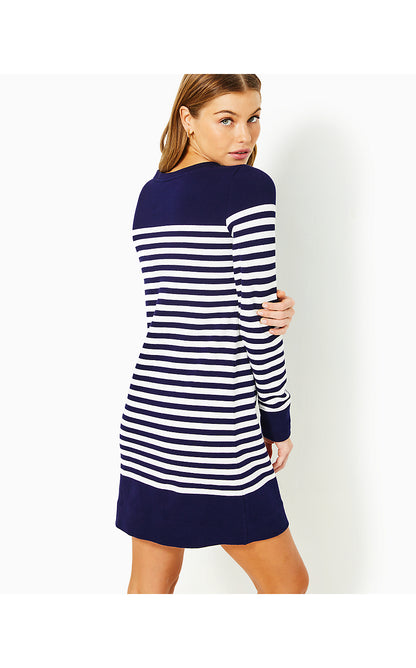 KENLEY LONG SLEEVE CREWNECK DRESS, TRUE NAVY RIVIERA STRIPE