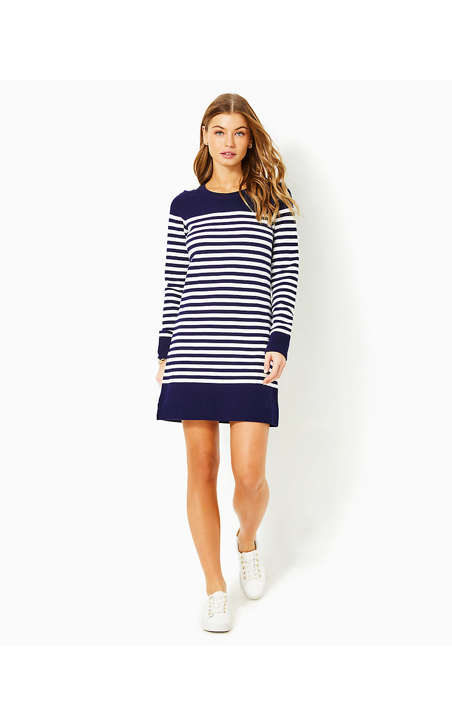 KENLEY LONG SLEEVE CREWNECK DRESS, TRUE NAVY RIVIERA STRIPE