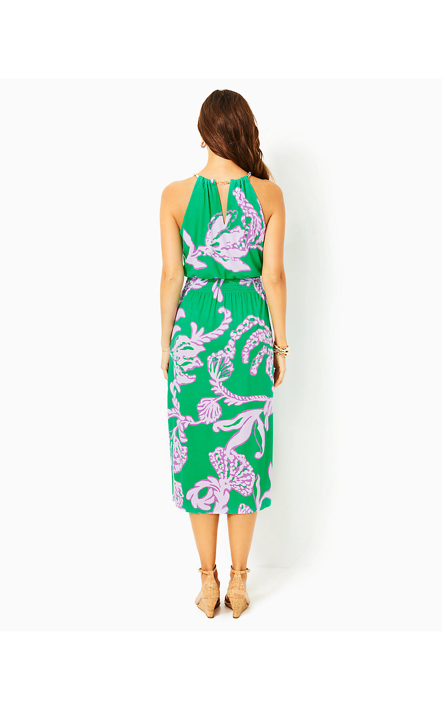 GRACELYN HALTER MIDI DRESS, BRAZILIAN GREEN SALTY SANDBAR OVERSIZED ENIGINEERED KNIT DRESS