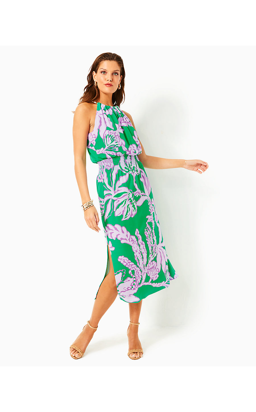 GRACELYN HALTER MIDI DRESS, BRAZILIAN GREEN SALTY SANDBAR OVERSIZED ENIGINEERED KNIT DRESS