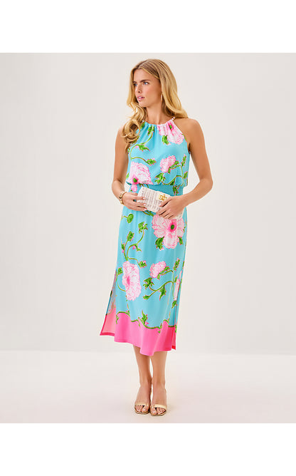 GRACELYN HALTER MIDI DRESS, FRESH WATER BLUE BURSTING BLOOMS ENGINEERED KNIT DRESS