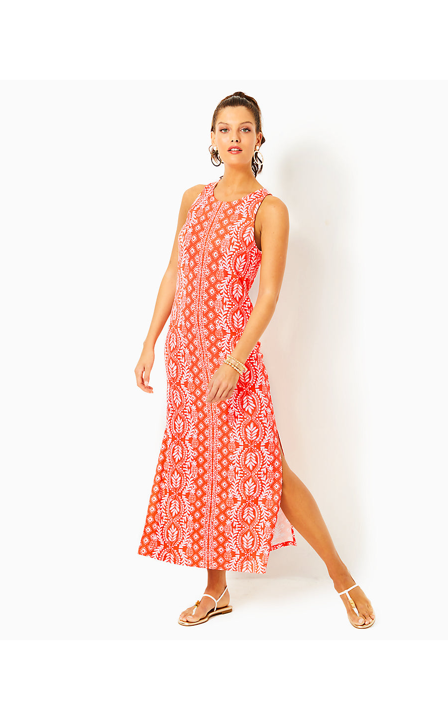 ULLA MAXI DRESS, FLAMINGO FEATHER HARBOUR VIEW ENGINEERED KNIT DRESS