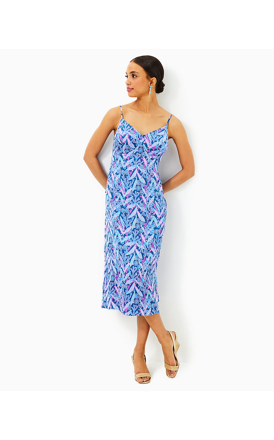 KEANA SATIN MIDI SLIP DRESS, BARTON BLUE STAR GAZING