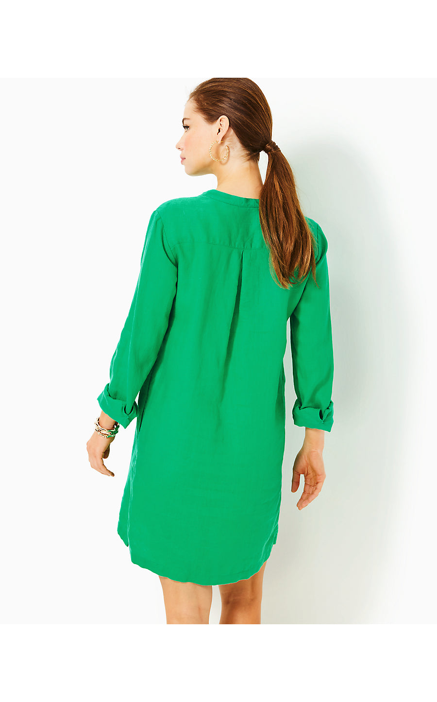 RHODA LONG SLEEVE POPOVER LINEN DRESS, BRAZILIAN GREEN