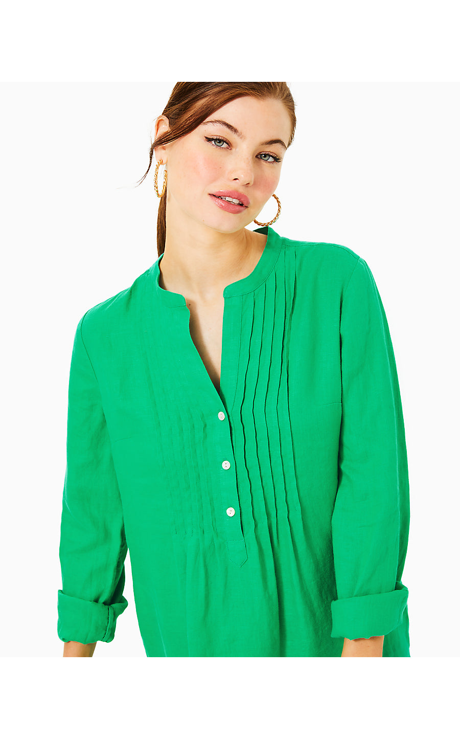 RHODA LONG SLEEVE POPOVER LINEN DRESS, BRAZILIAN GREEN