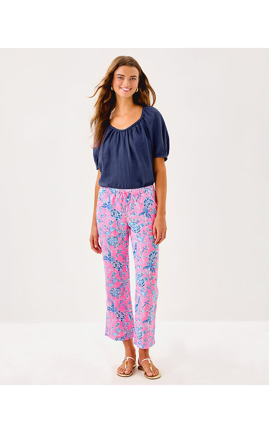 BRAWLEY LINEN CROP PANT, ROUSSEAU PINK BAREFOOT BEACHCOMBERS