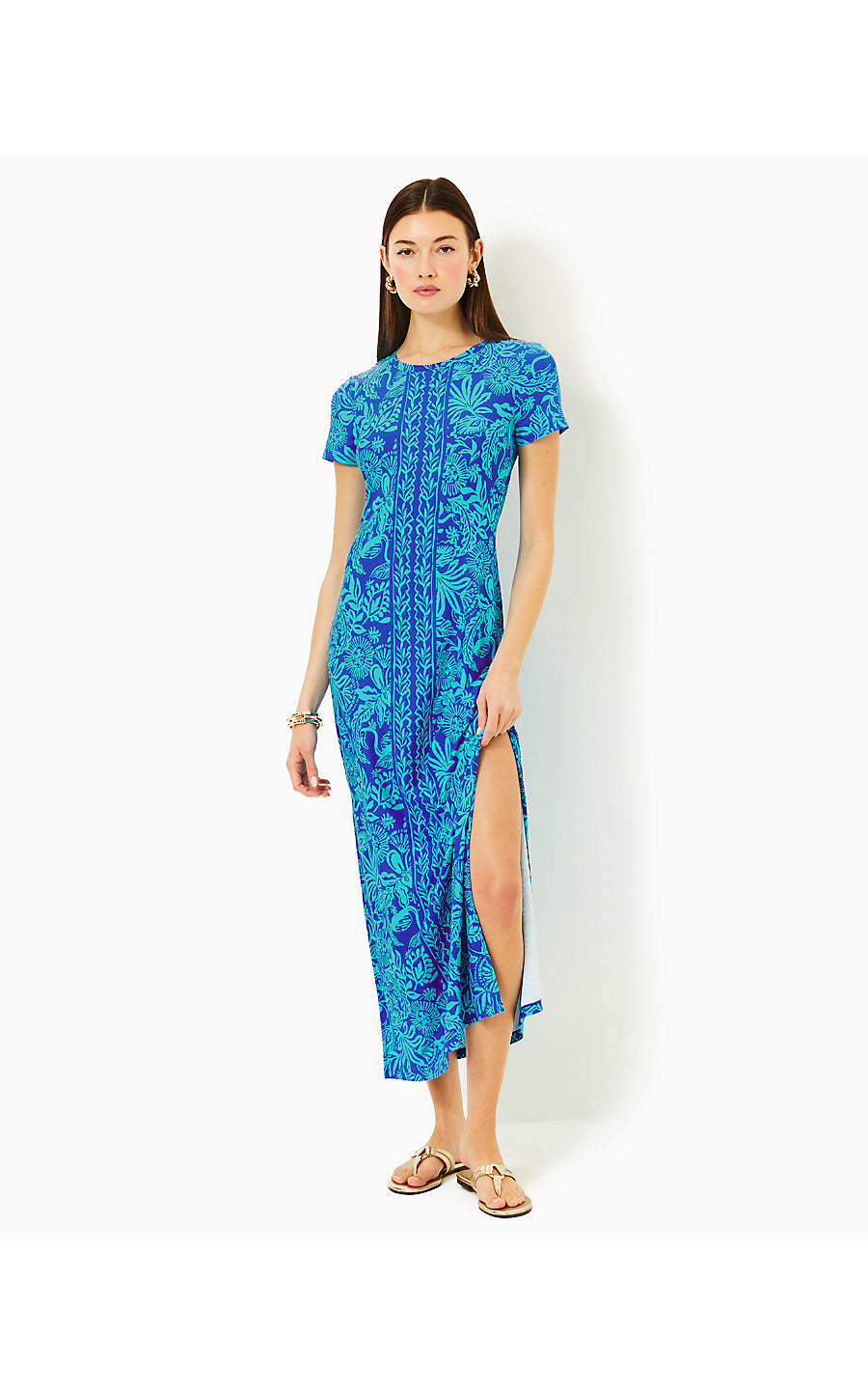 KADEN UPF 50+ MAXI DRESS, MARTINIQUE BLUE JUNGLE OASIS ENGINEERED CHILLYLILLY