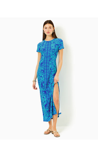 KADEN UPF 50+ MAXI DRESS, MARTINIQUE BLUE JUNGLE OASIS ENGINEERED CHILLYLILLY