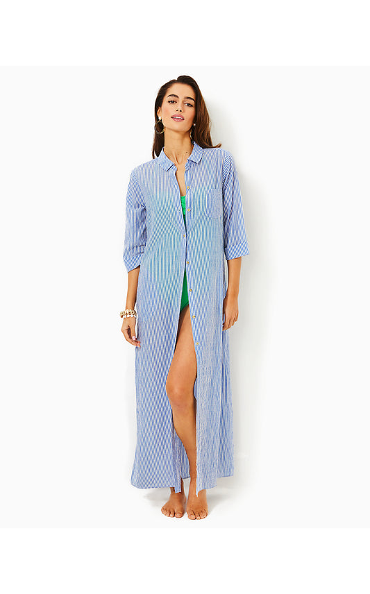 NATALIE MAXI COVERUP, COASTAL BLUE LTWT OXFORD STRIPE