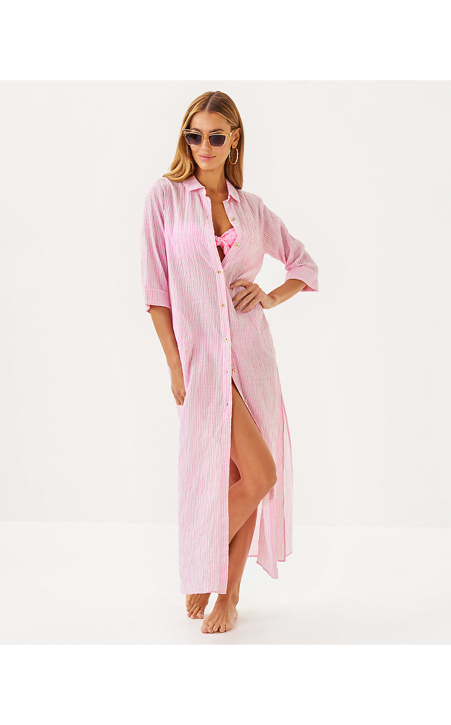 NATALIE MAXI COVERUP, CONCH SHELL PINK LTWT OXFORD STRIPE