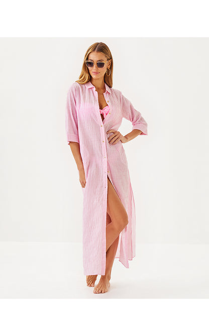 NATALIE MAXI COVERUP, CONCH SHELL PINK LTWT OXFORD STRIPE
