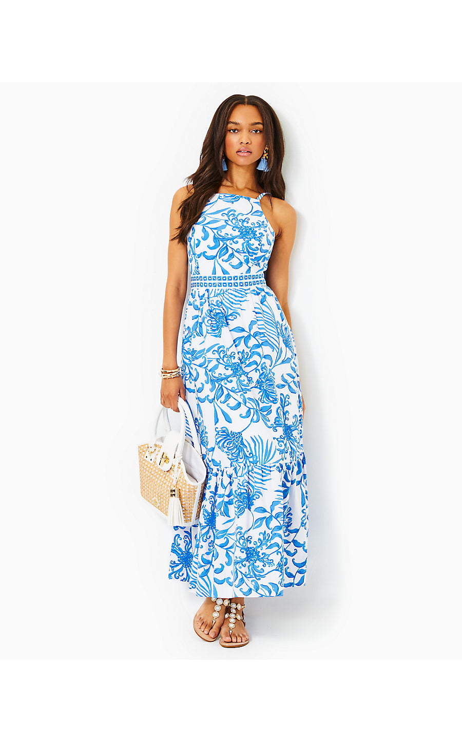 CHARLESE COTTON HALTER MAXI DRESS, RESORT WHITE GLISTEN IN THE SUN  ENGINEERED WOVEN DRESS