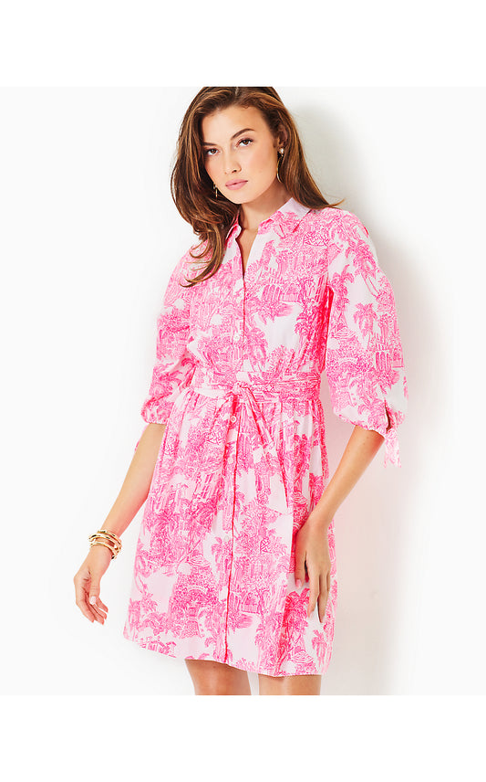 AMRITA 3/4 SLEEVE COTTON DRESS, RESORT WHITE PB ANNIVERSARY TOILE