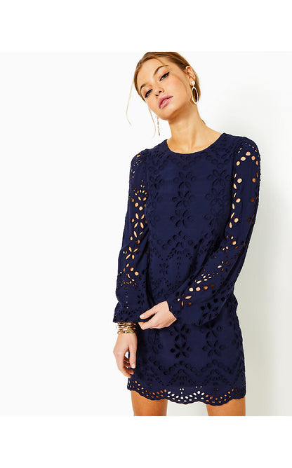 ALYNA LONG SLEEVE EYELET DRESS, TRUE NAVY SOIREE EYELET