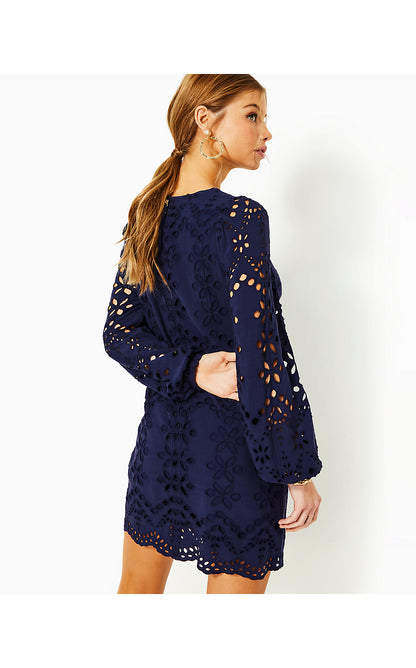 ALYNA LONG SLEEVE EYELET DRESS, TRUE NAVY SOIREE EYELET