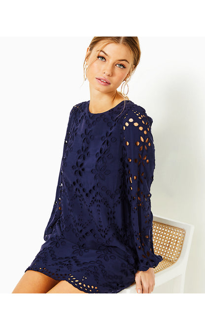 ALYNA LONG SLEEVE EYELET DRESS, TRUE NAVY SOIREE EYELET