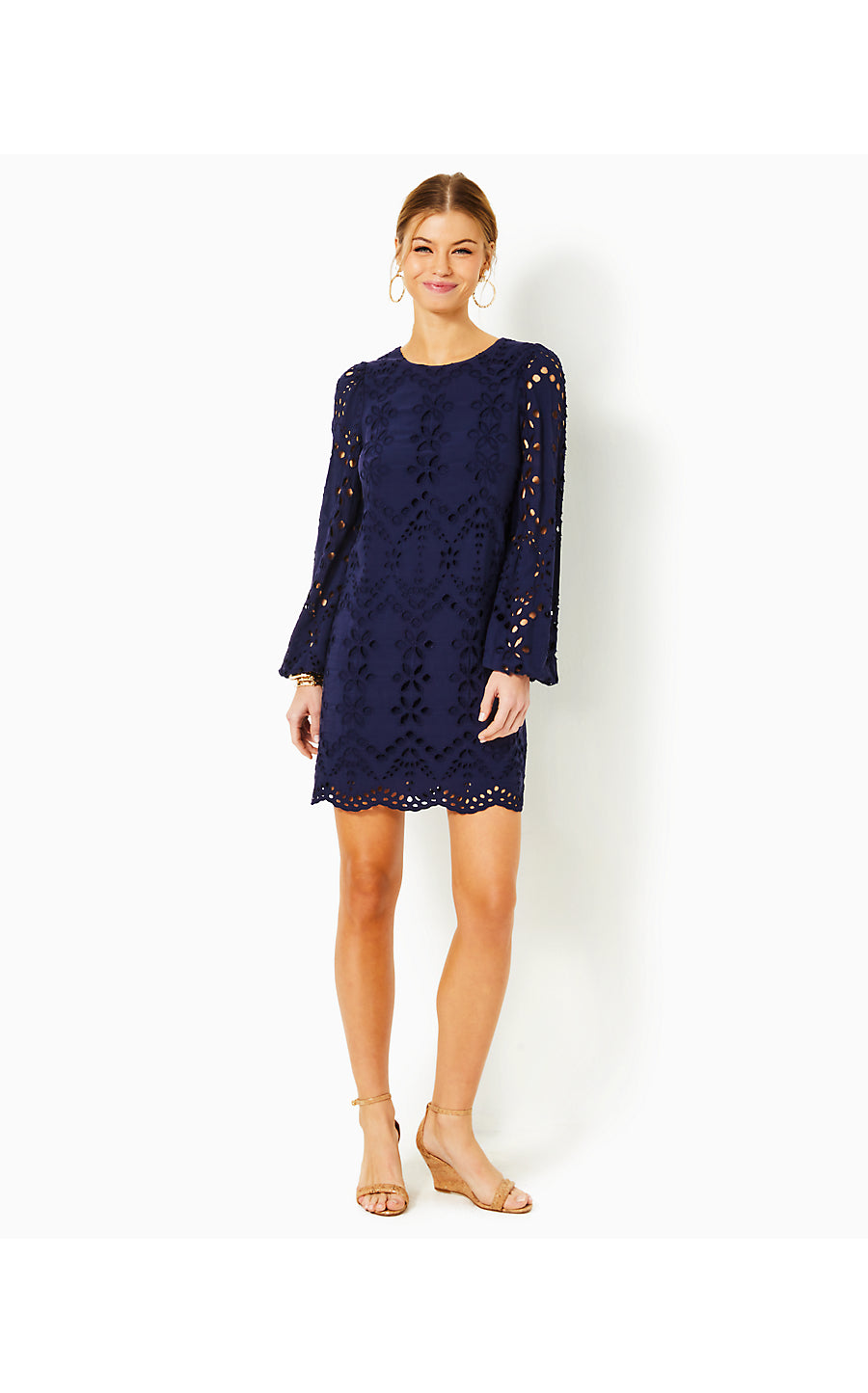 ALYNA LONG SLEEVE EYELET DRESS, TRUE NAVY SOIREE EYELET