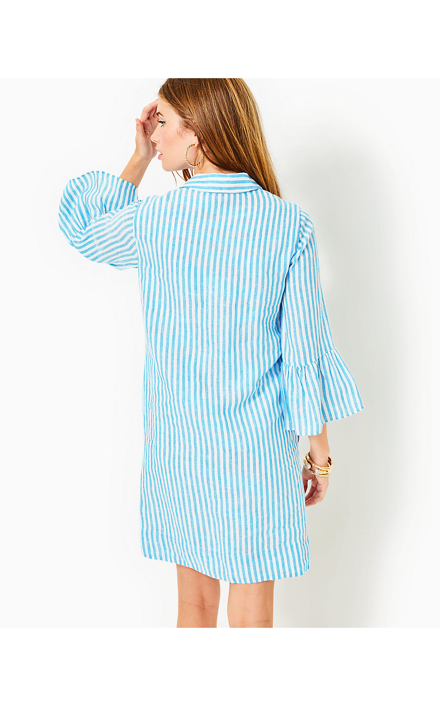 JAZMYN 3/4 SLEEVE LINEN TUNIC DRESS, LUNAR BLUE BIMINI STRIPE Palm Place JAZMYN 3/4 SLEEVE LINEN TUNIC DRESS, LUNAR BLUE BIMINI STRIPE Palm Place