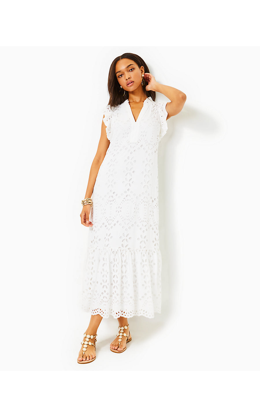 KLAUDIE RUFFLE SLEEVE EYELET MIDI DRESS, RESORT WHITE SOIREE EYELET