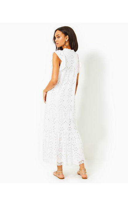 KLAUDIE RUFFLE SLEEVE EYELET MIDI DRESS, RESORT WHITE SOIREE EYELET