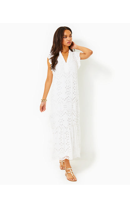 KLAUDIE RUFFLE SLEEVE EYELET MIDI DRESS, RESORT WHITE SOIREE EYELET