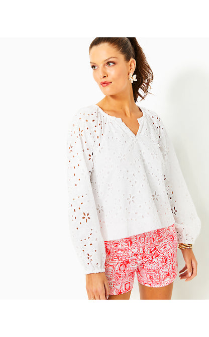 MAISHA LONG SLEEVE EYELET TOP, RESORT WHITE SEALIFE EYELET