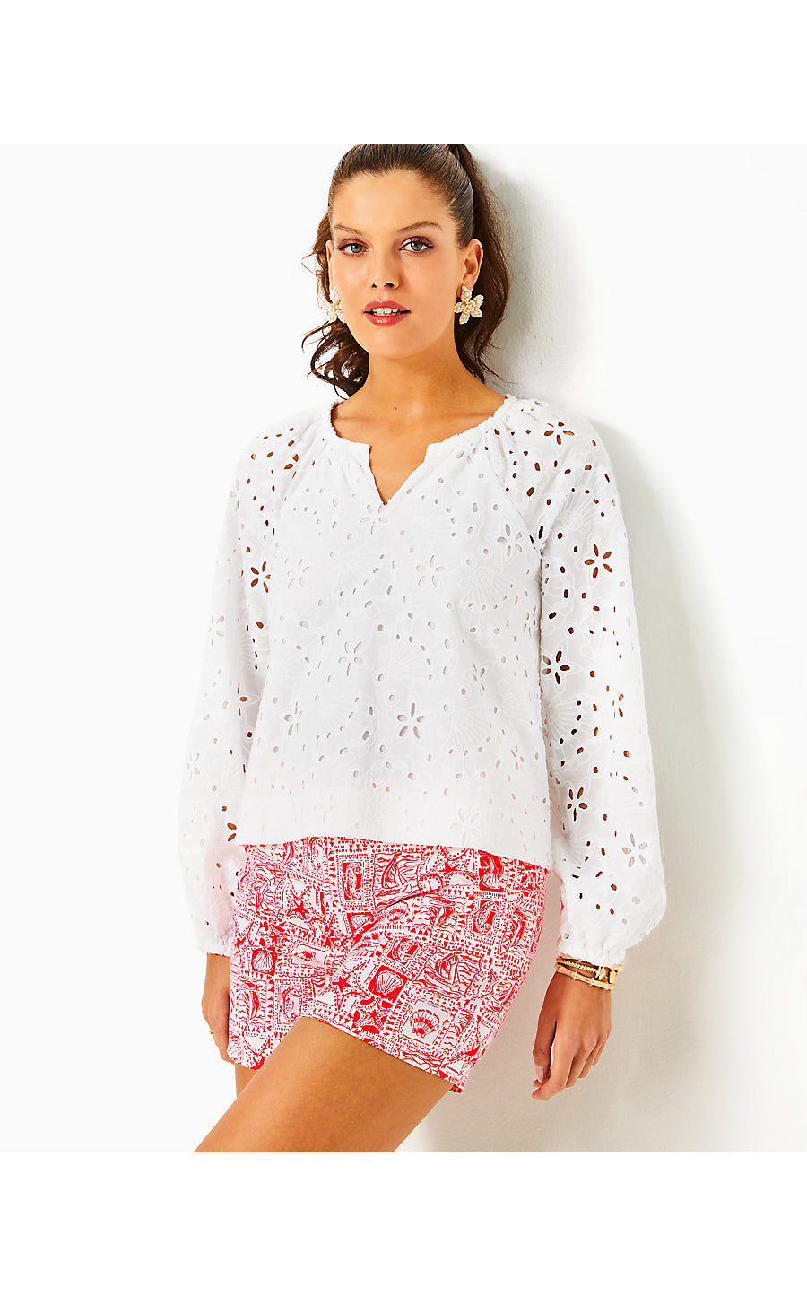 MAISHA LONG SLEEVE EYELET TOP, RESORT WHITE SEALIFE EYELET