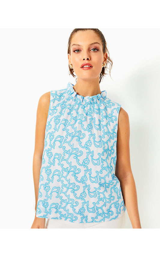 DAHLIANA EMBROIDERED COTTON TOP, LUNAR BLUE FLAMINGLE EMBROIDERED COTTON
