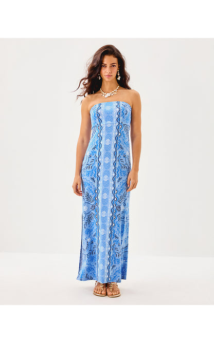 NOA STRAPLESS MAXI DRESS, JACARANDA BLUE KNOTTY AND NICE ENGINEERED KNIT MAXI