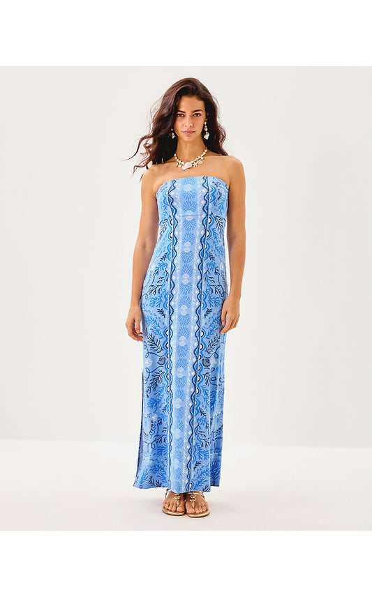 NOA STRAPLESS MAXI DRESS, JACARANDA BLUE KNOTTY AND NICE ENGINEERED KNIT MAXI
