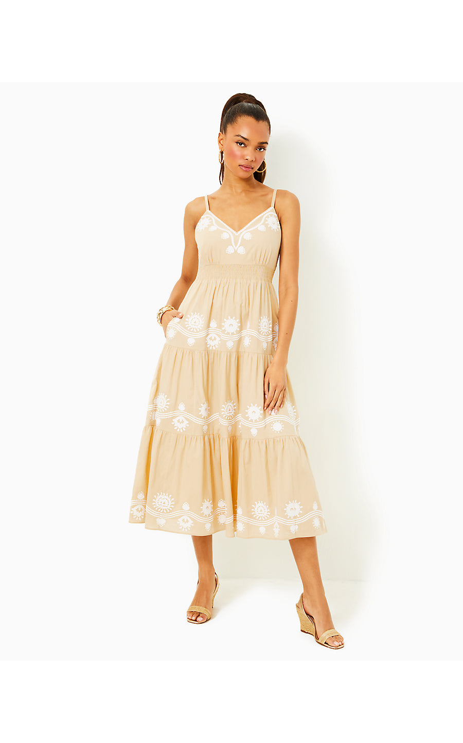 AVIRY EMBROIDERED COTTON DRESS, SAND BAR