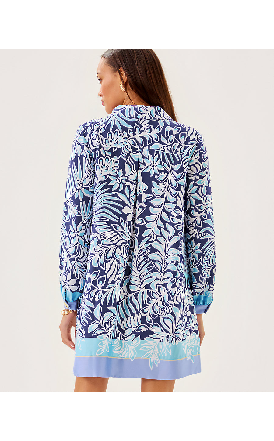 IRALANNE LONG SLEEVE POPOVER SHIRTDRESS, SAPPHIRE POOL SUMMER SHORELINES ENGINEERED WOVEN DRESS