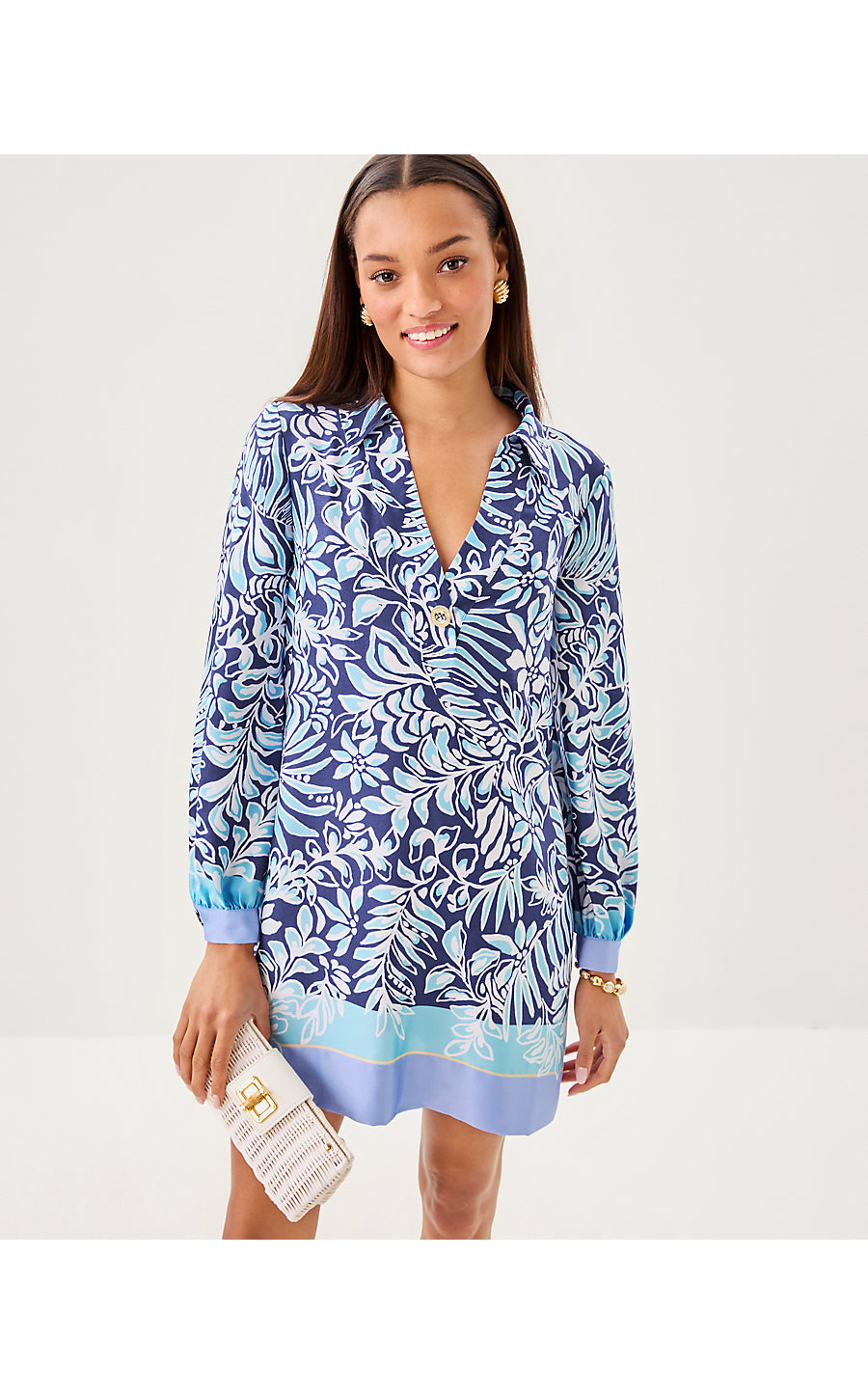 IRALANNE LONG SLEEVE POPOVER SHIRTDRESS, SAPPHIRE POOL SUMMER SHORELINES ENGINEERED WOVEN DRESS