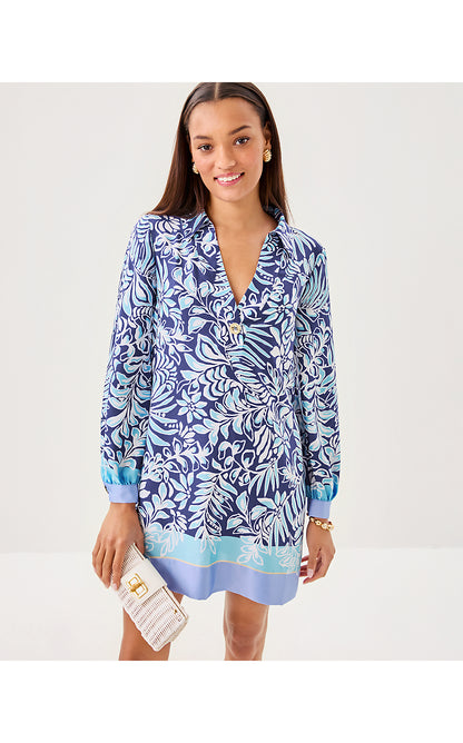 IRALANNE LONG SLEEVE POPOVER SHIRTDRESS, SAPPHIRE POOL SUMMER SHORELINES ENGINEERED WOVEN DRESS