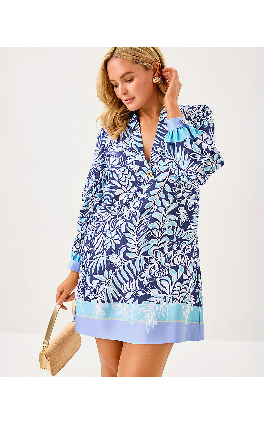 IRALANNE LONG SLEEVE POPOVER SHIRTDRESS, SAPPHIRE POOL SUMMER SHORELINES ENGINEERED WOVEN DRESS